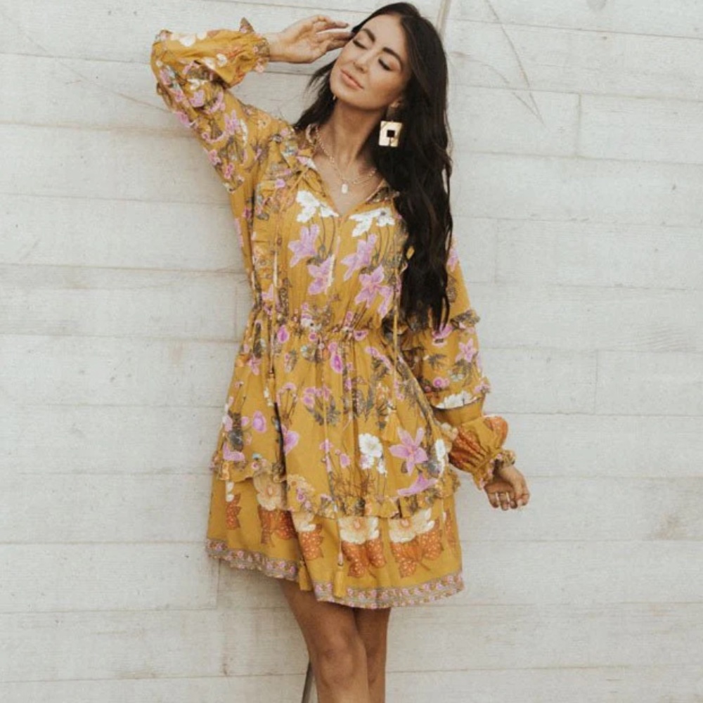 Bohme Dress Boho Border Print Floral Ruffle Tie Neck Detail